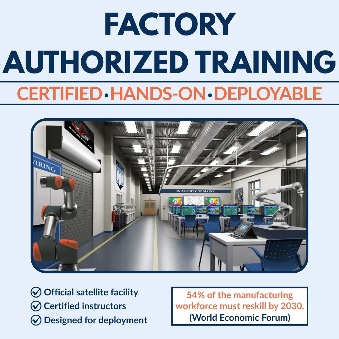 Factory Authorized Training slide with a rendering of the facility and a stat that 54% of the manufacturing workforce must reskill by 2030.