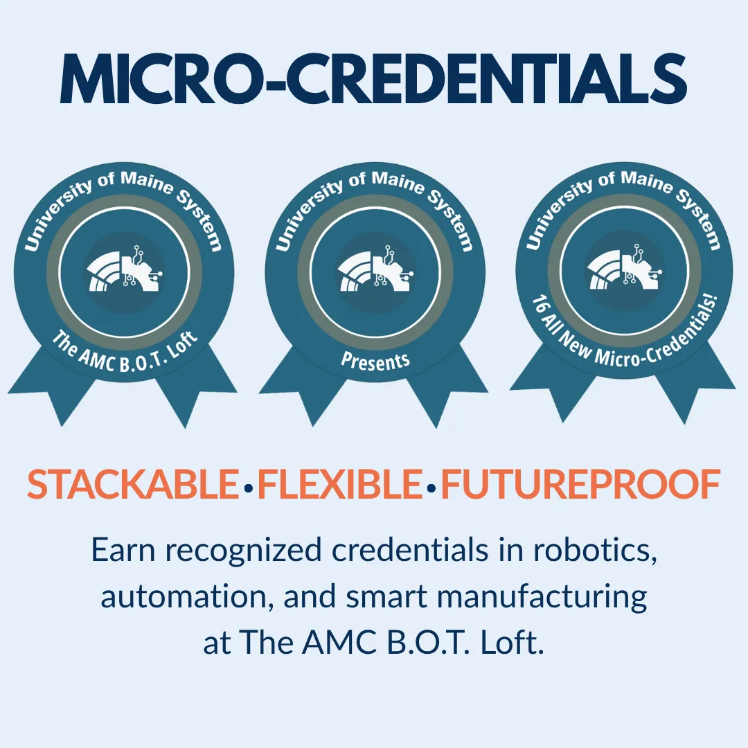 Micro-credentials slide showing three University of Maine System credential badges.