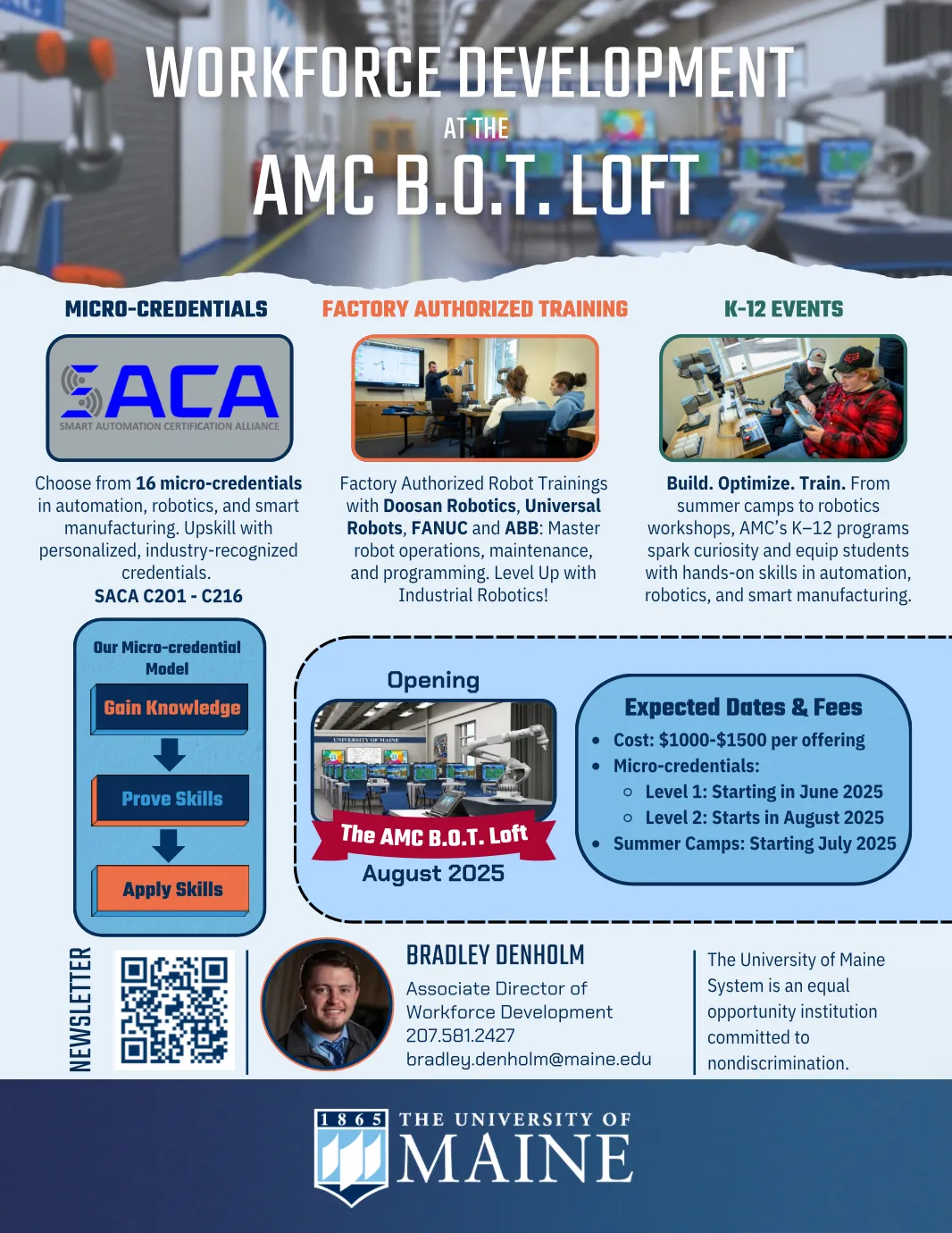 Printed one-page flyer covering all three programs, opening dates, and a newsletter QR code.