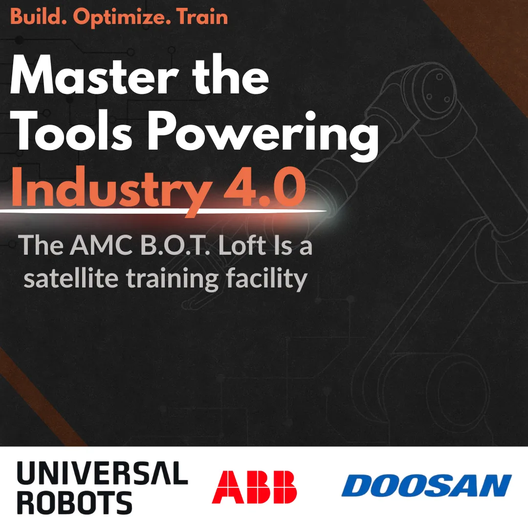 Master the tools powering Industry 4.0, with Universal Robots, ABB, and Doosan logos.