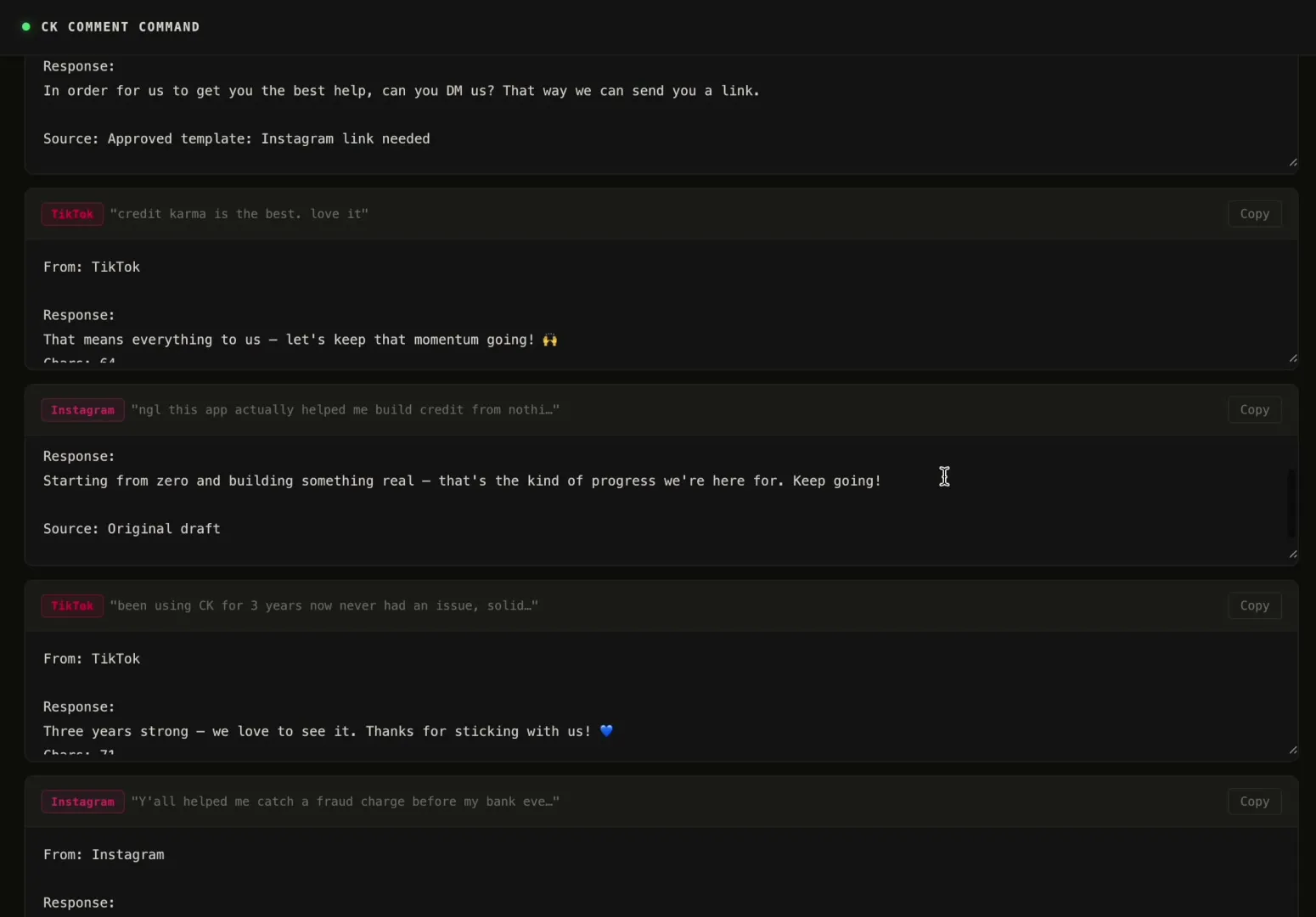 List of drafted replies to TikTok and Instagram comments, each with a Copy button.