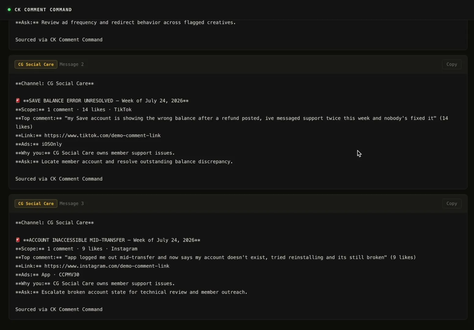 Generated Slack messages addressed to CG Social Care, each with scope, top comment, link, and an ask.